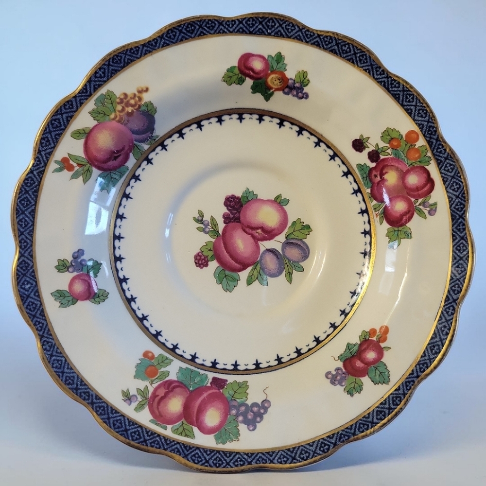 Vtg 1912 Saucer Booths A8093 Lowestoft Border Blue Gold Fruit Earthenware Bone